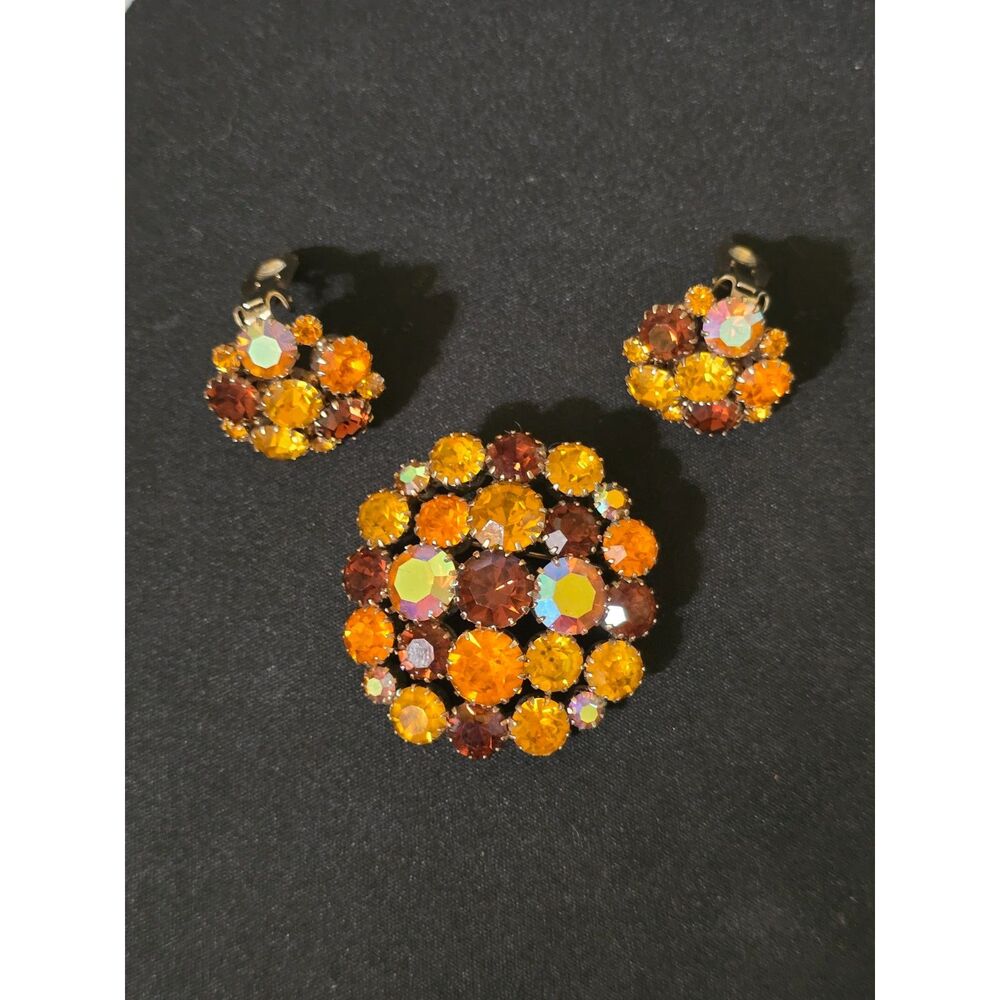 Vintage D&E Juliana Rhinestone Brooch Earrings Set Autumn Fire Topaz AB